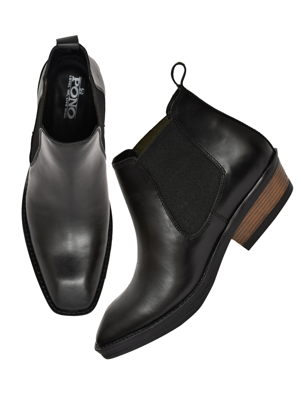 Men's Black Leather Chelsea Ankle Boots with Stacked Heel