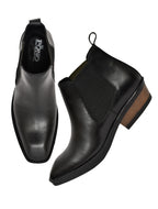 Men's Black Leather Chelsea Ankle Boots with Stacked Heel