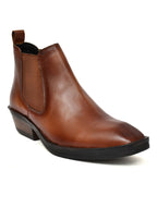 Men's Tan Brown Leather Chelsea Ankle Boots with Stacked Heel