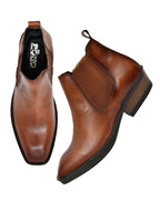 Men's Tan Brown Leather Chelsea Ankle Boots with Stacked Heel