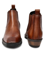 Men's Tan Brown Leather Chelsea Ankle Boots with Stacked Heel